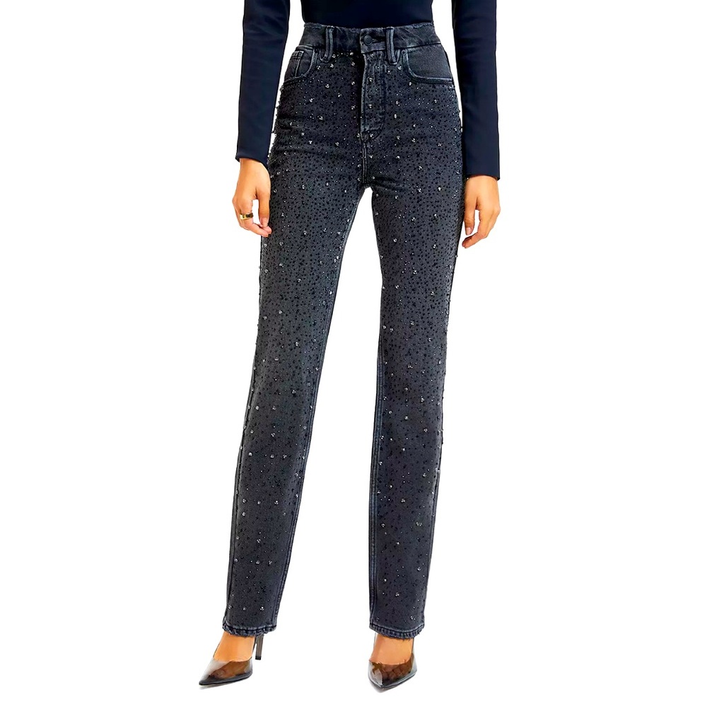Good Icon Embellished High Rise Straight Leg Jeans in K251